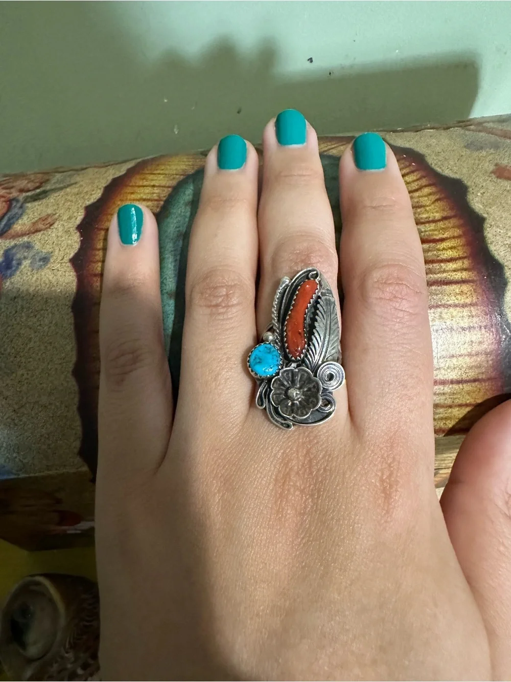 Vintage Blue Turquoise and Red Coral Ring, Native, Southwestern, Boho